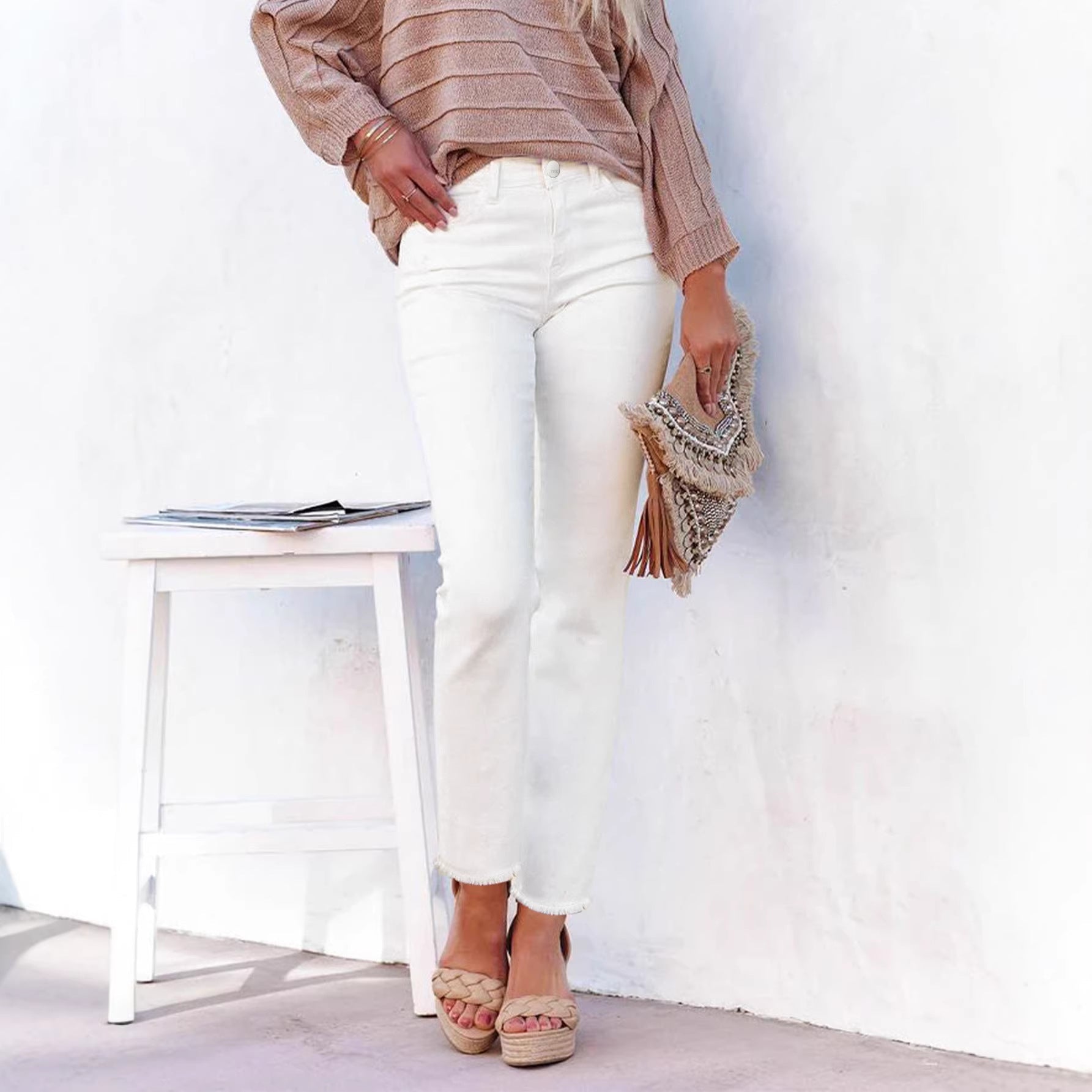 Straight Leg Ankle-Length White Raw Hem Denim Pants T Casual Wear 