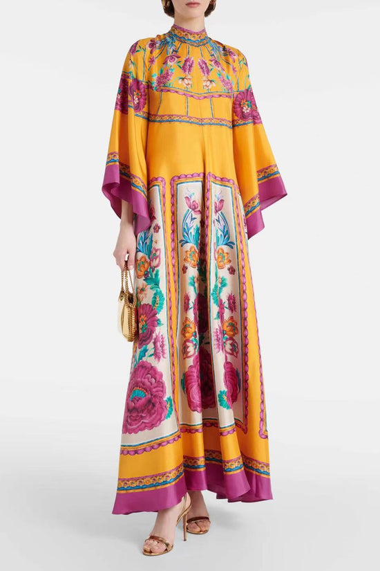 New European and American Summer Printed Seven Sleeve Stand up Collar Dress 