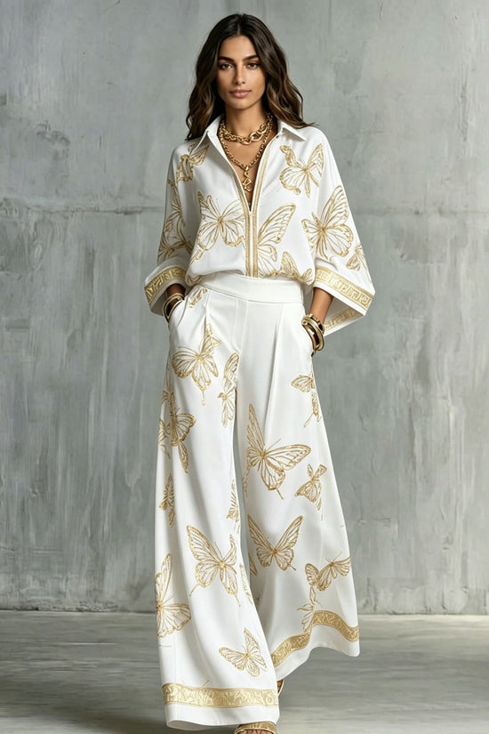 Style Women's Retro Printed Sexy Deep V Neck Loose Zipper Top with Wide Leg Pants Two-Piece Set 