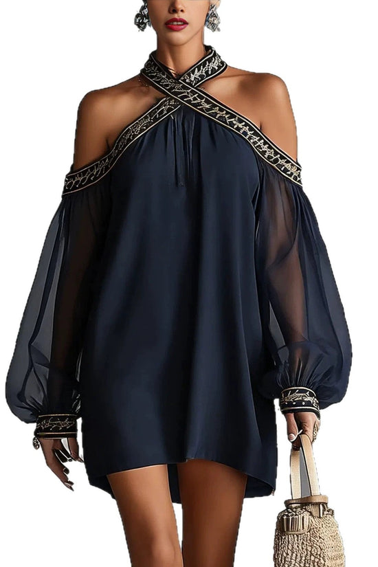 Fashion Design Embroidered Strapless Dress with Off-Shoulder Sheer Lantern Sleeve Loose Slimming Resort Style 