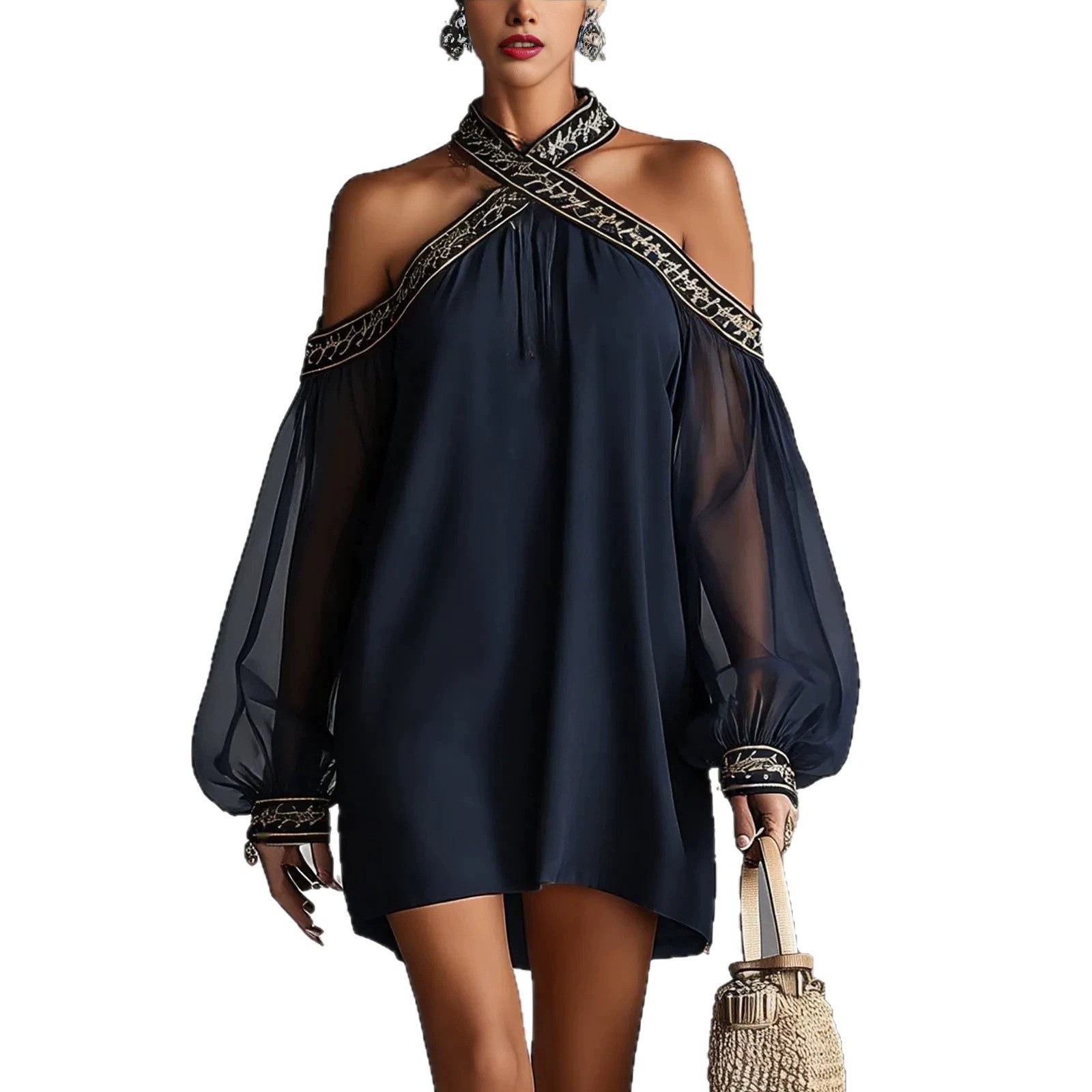 Fashion Design Embroidered Strapless Dress with Off-Shoulder Sheer Lantern Sleeve Loose Slimming Resort Style 