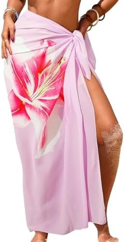 Women's Swimwear Transparent Sheer Cover-Up High-Slit One-Size Swim Dress Summer Floral Print Chiffon 