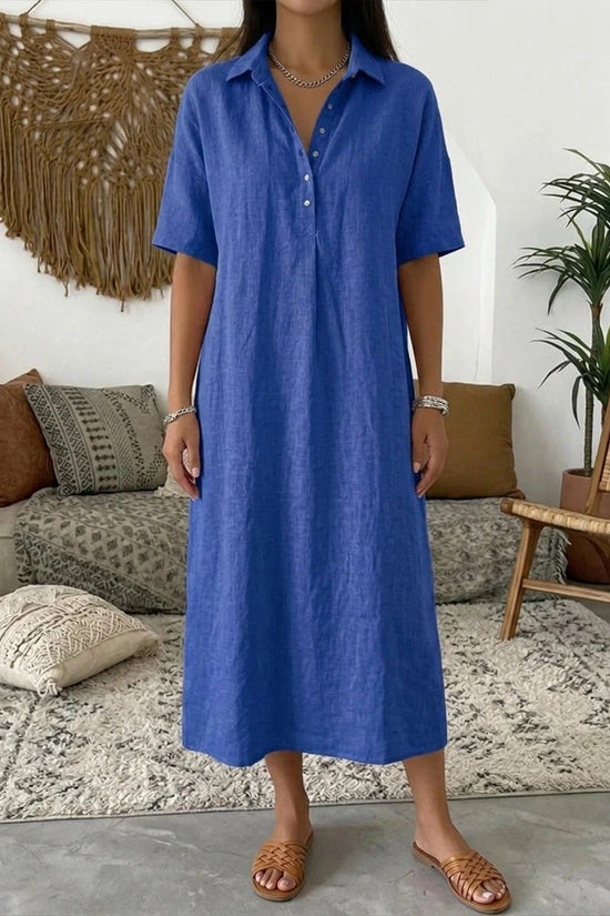 Casual Straight Fit Comfortable Linen Short Sleeve Polo Neck Dress for Women 