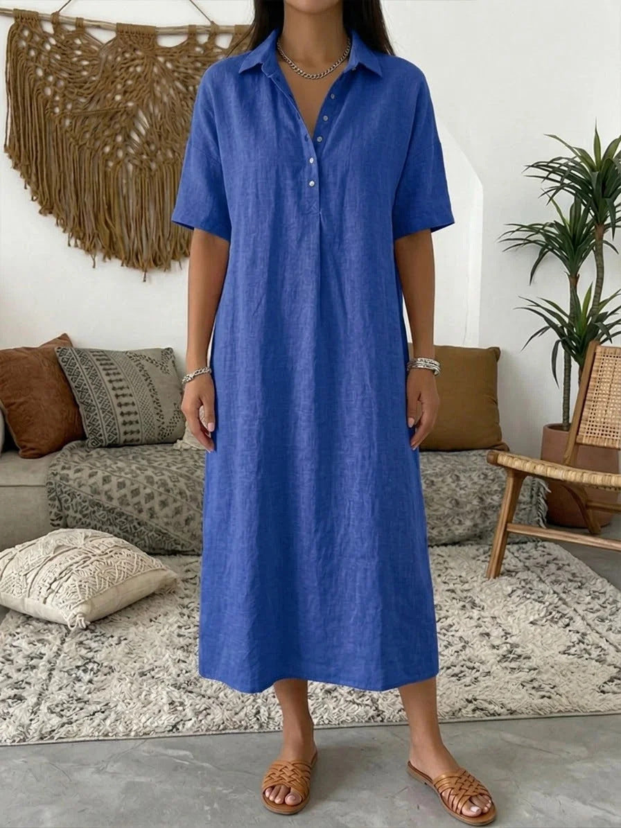 Casual Straight Fit Comfortable Linen Short Sleeve Polo Neck Dress for Women 