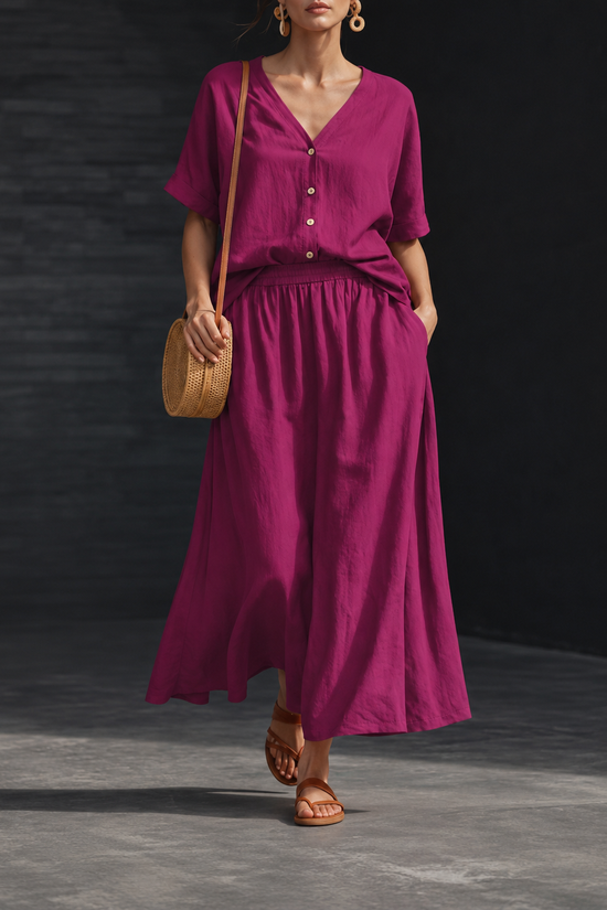 Women's V-Neck Button-Up Top & Long Skirt Set 