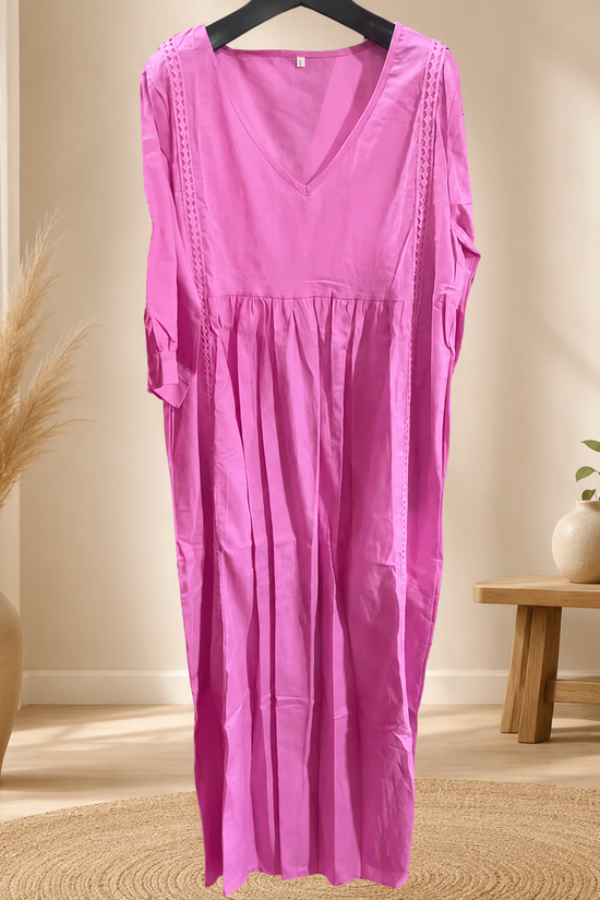 Women's Linen Cotton V-Neck Dress – Lace Trim, Loose Fit, 7 Colors 