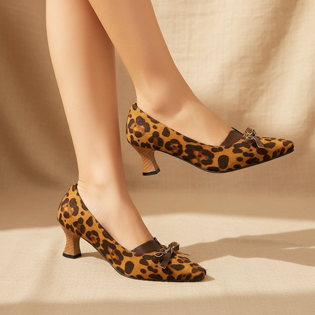 Leopard print square toe high-heeled women's retro shallow bow single shoes Made to order, ships in 7 days 