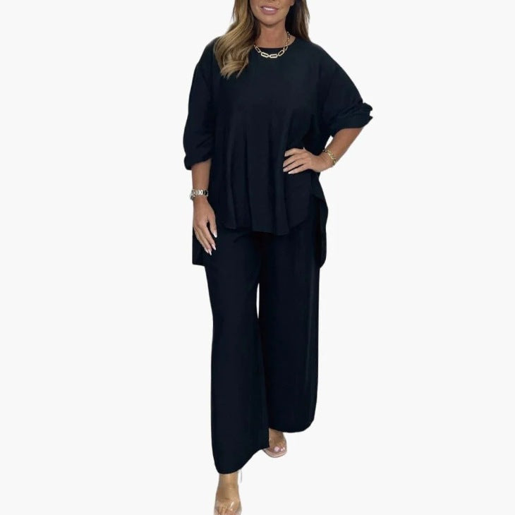 Solid color loose casual suit wide leg pants two-piece set 