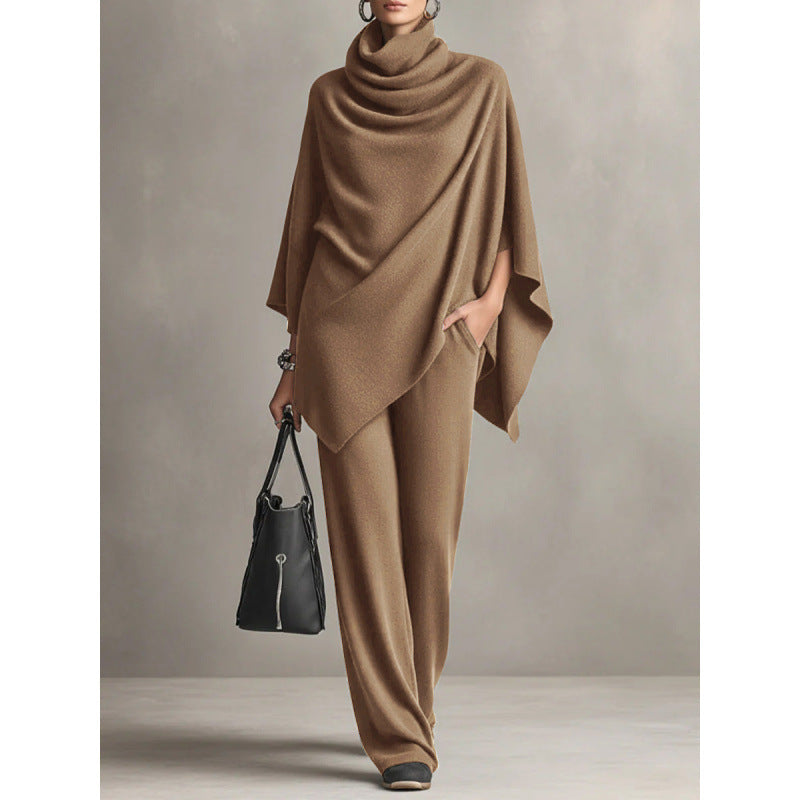 Autumn and Winter German Velvet Pile Collar Cloak Top+Wide Leg Pants Two Piece Set 