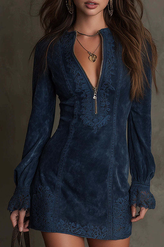 Elegant Long Sleeve Zipper Lace Trim Fitted Midi Dress for Women 