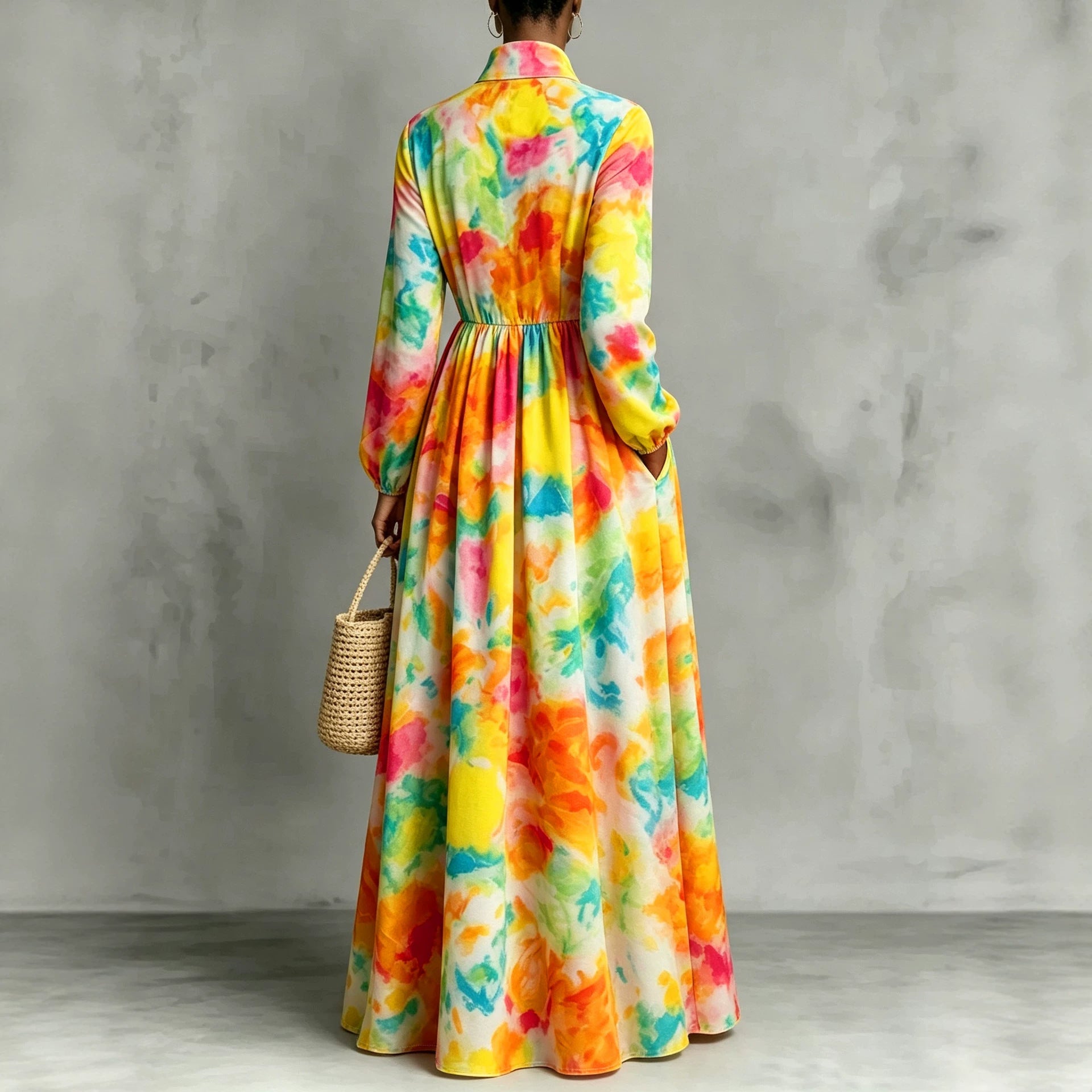 New Style Shirt Dress with  Floral Digital Printing Long Dress 