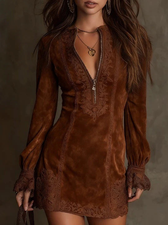 Elegant Long Sleeve Zipper Lace Trim Fitted Midi Dress for Women 