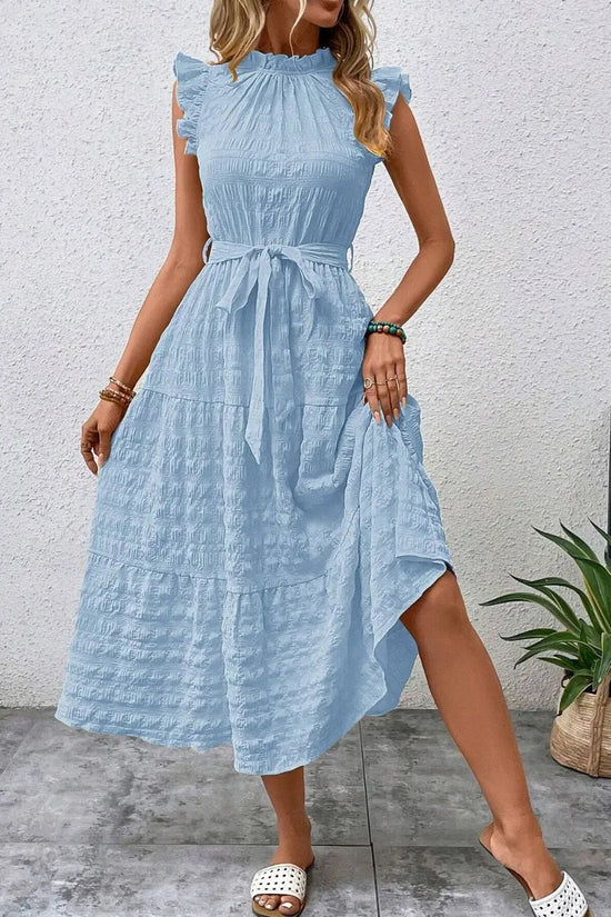 Tied Ruffled Cap Sleeve Midi Dress 