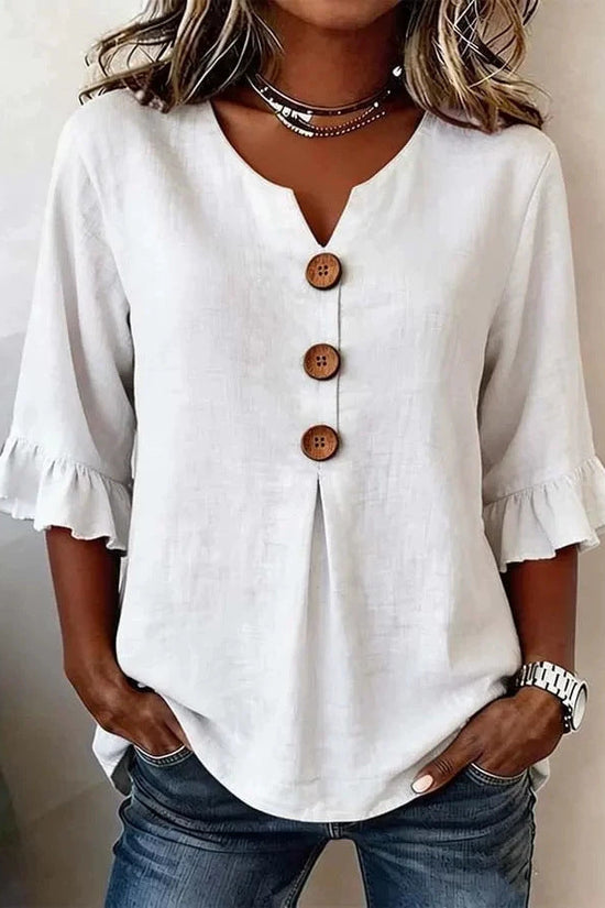 Fashionable Cotton Linen V-Neck Button-Up Blouse for Women Summer Casual Top 