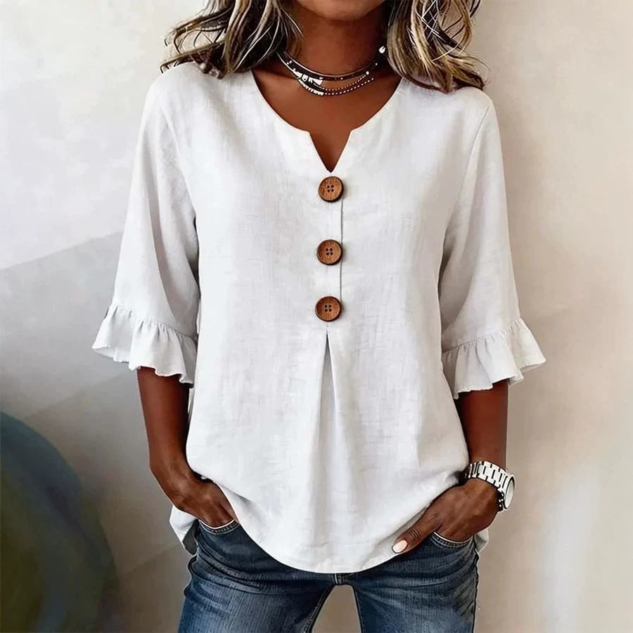 Fashionable Cotton Linen V-Neck Button-Up Blouse for Women Summer Casual Top 