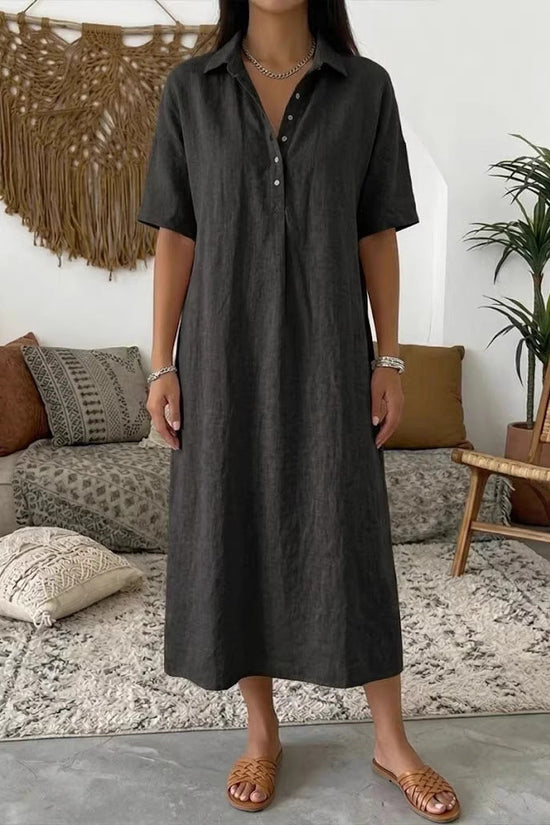 Casual Straight Fit Comfortable Linen Short Sleeve Polo Neck Dress for Women 