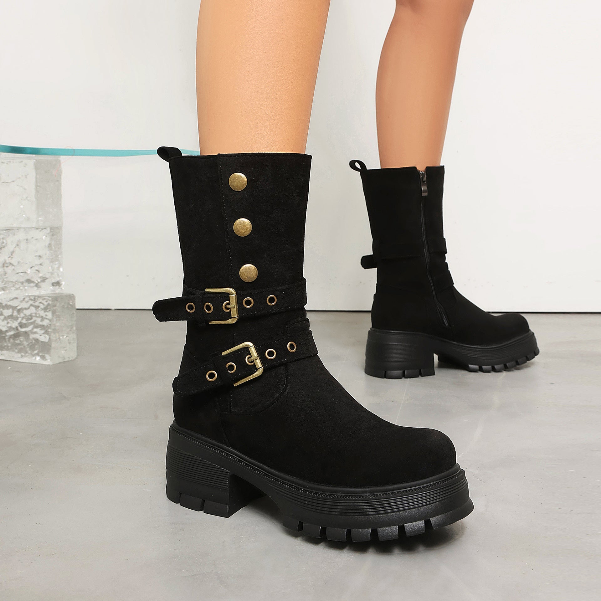 Supply Thick Sole High Heel Women's Boots  Punk Style Belt Buckle Ankle Boots 