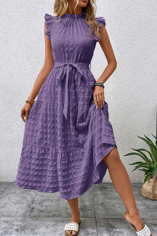 Tied Ruffled Cap Sleeve Midi Dress 