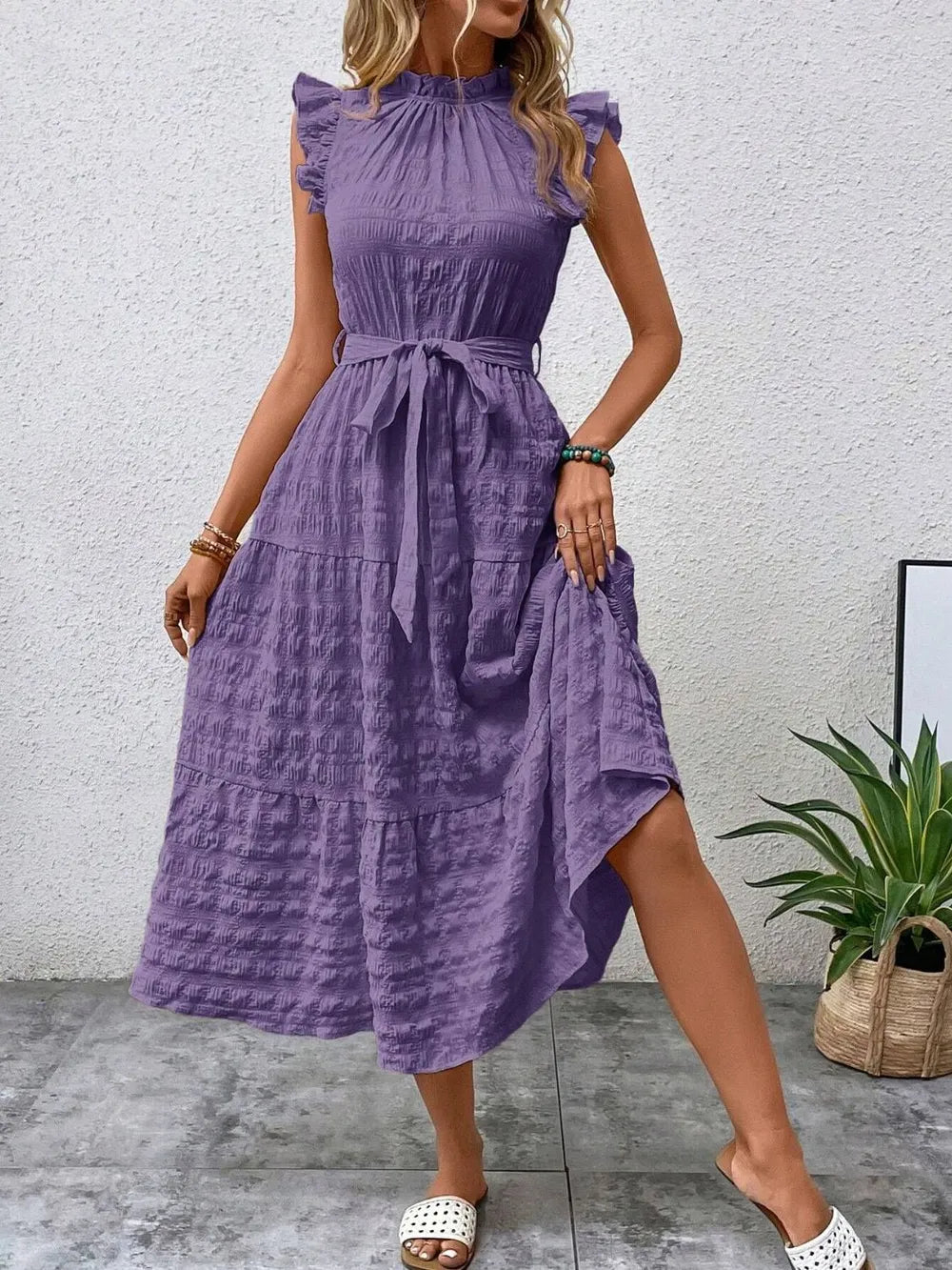 Tied Ruffled Cap Sleeve Midi Dress 
