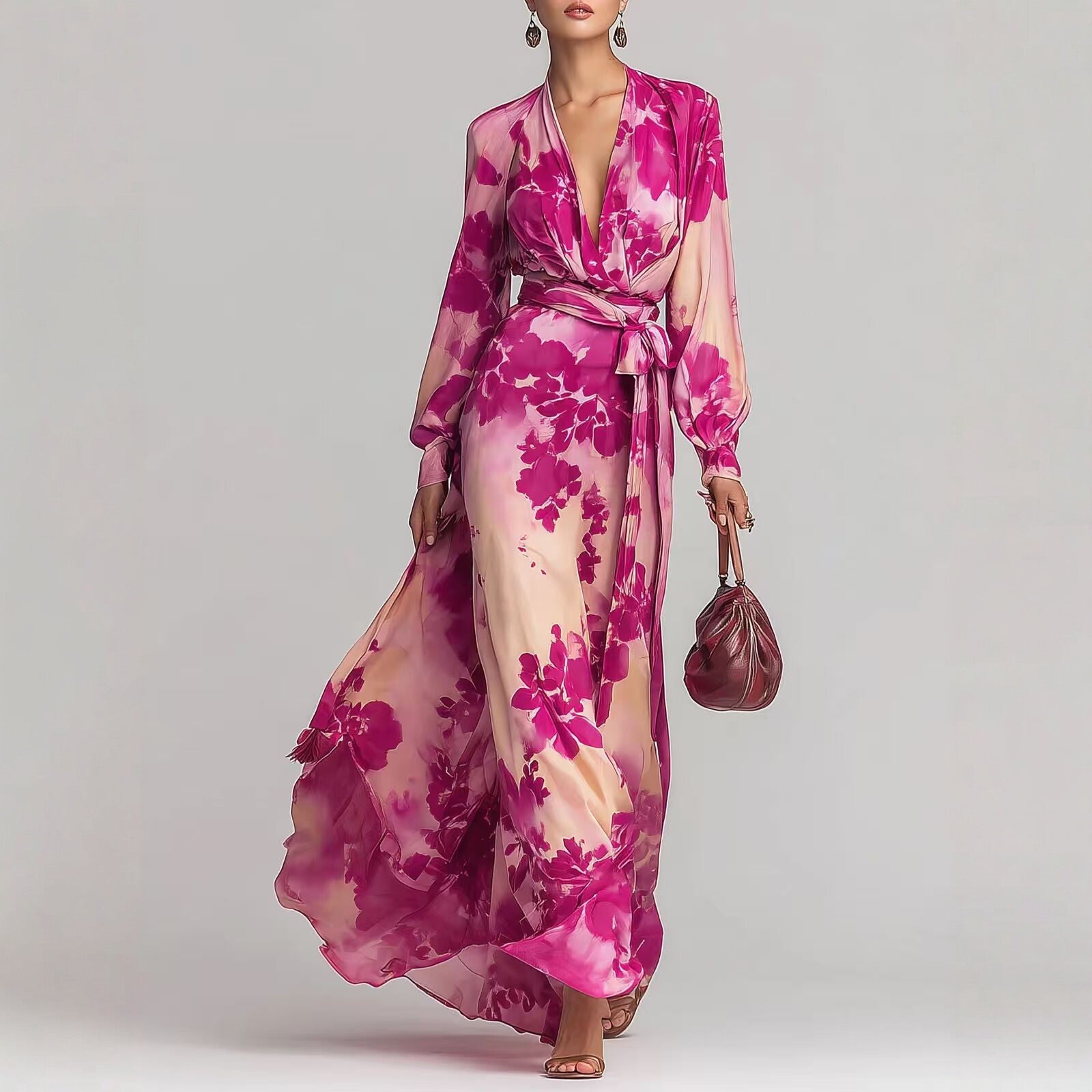 Printed Chiffon Long Sleeve V-Neck Tie-Up Dress Elegant Chic Spring New Long Dress 