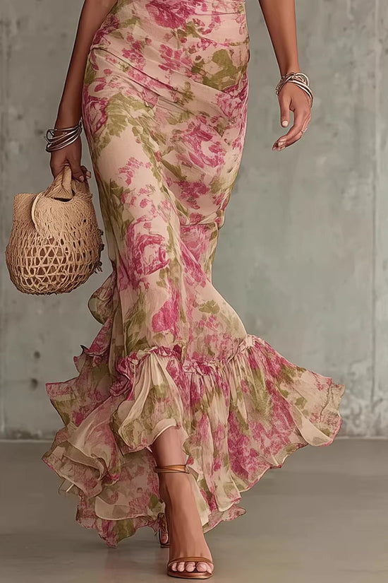 Bubble sleeve printed slim fit long skirt 
