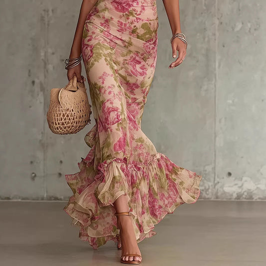 Bubble sleeve printed slim fit long skirt 