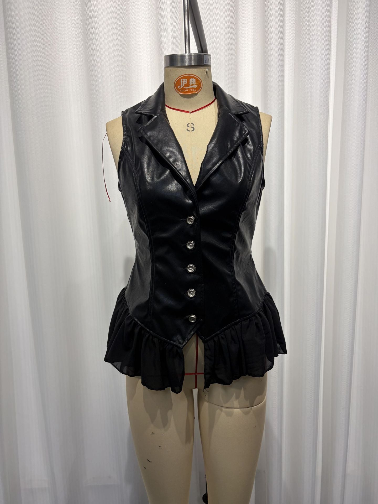 PU Leather Vest | Deep V Ruffle Hem Fitted Waist | Gothic Black 