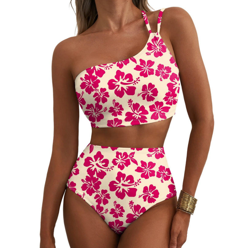 New women's high waisted bikini set with one shoulder floral print swimsuit, 2-piece set, belly cinching swimsuit 