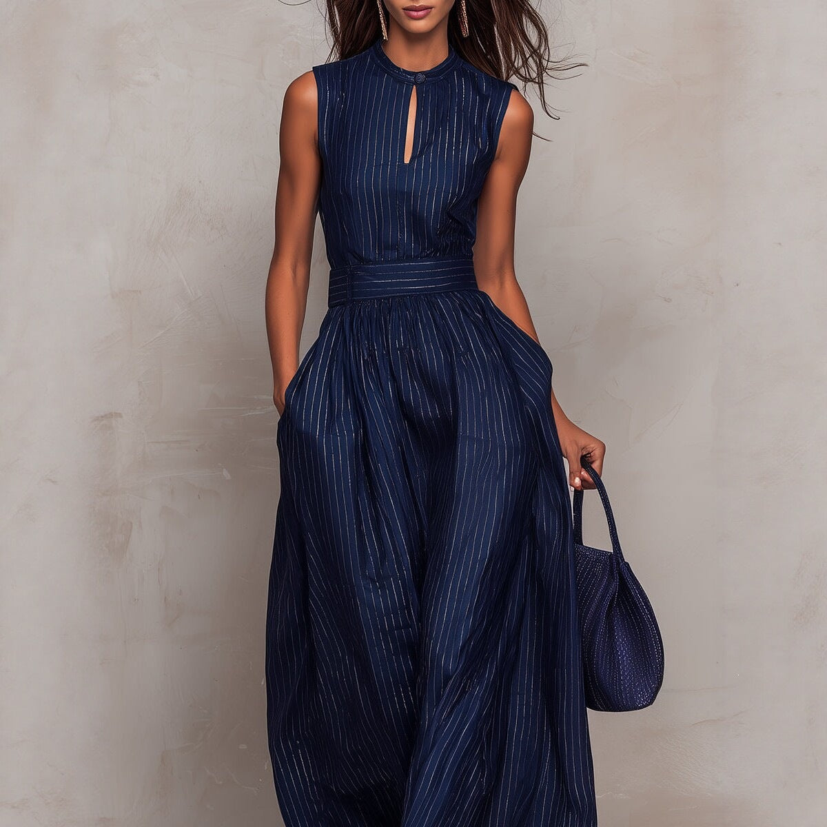Deep blue striped sleeveless waist cinched wide leg jumpsuit 