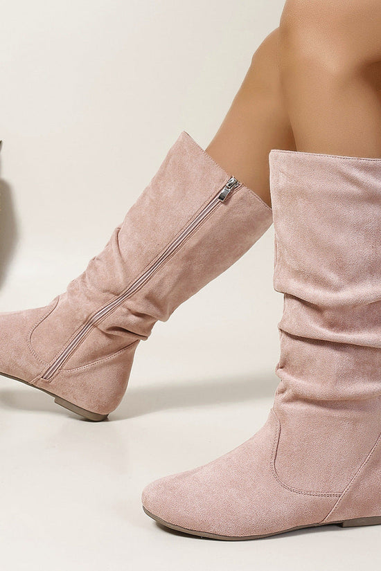 Casual Versatile Durable Comfortable Mid-Calf Boots Lightweight Pleated Side Zip Women's Leather Boots Flat Summer Boots 