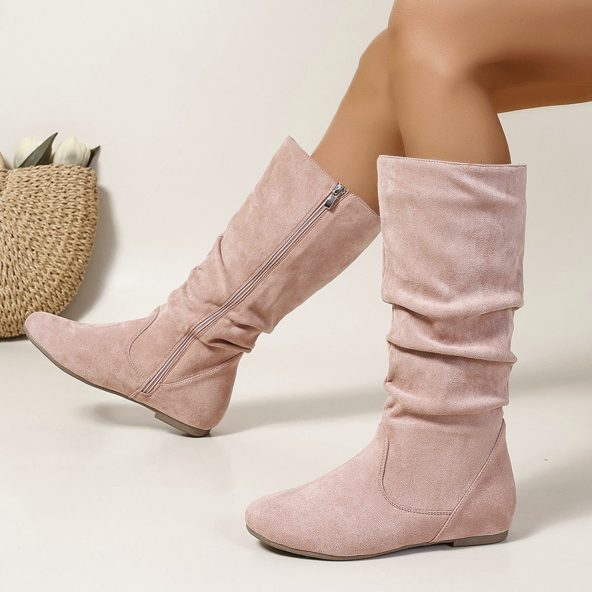 Casual Versatile Durable Comfortable Mid-Calf Boots Lightweight Pleated Side Zip Women's Leather Boots Flat Summer Boots 