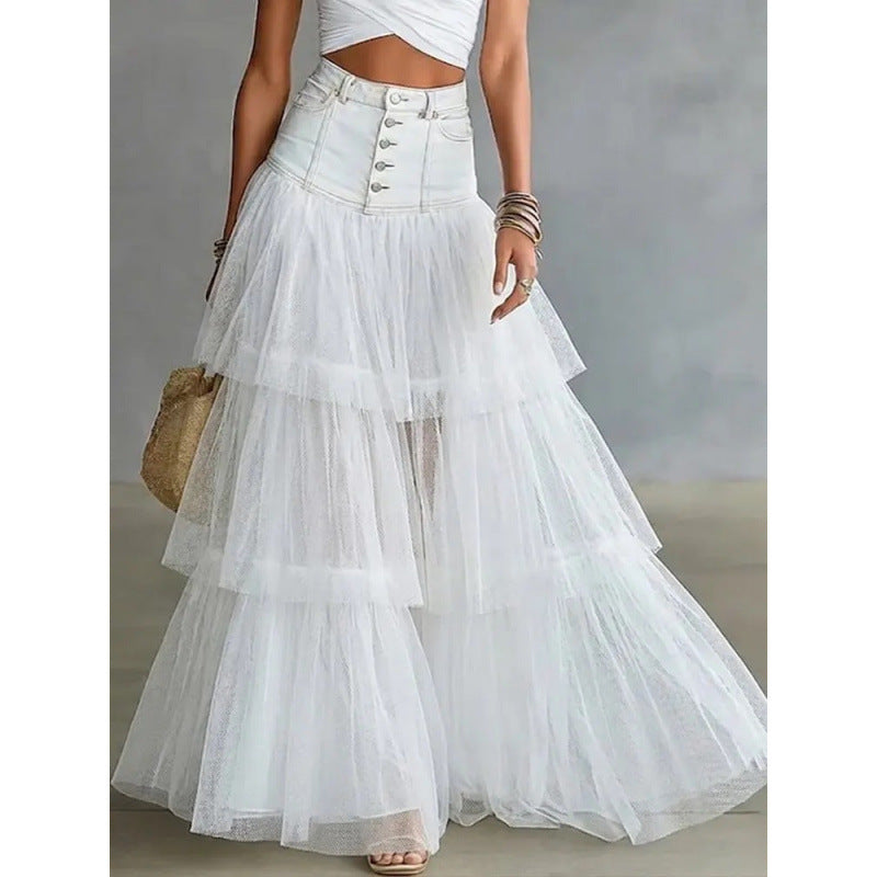 Cowboy patchwork mesh large swing skirt 