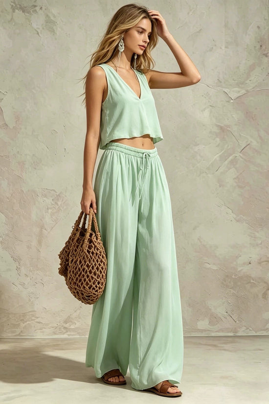 V-neck solid color sleeveless camisole top wide leg pants set