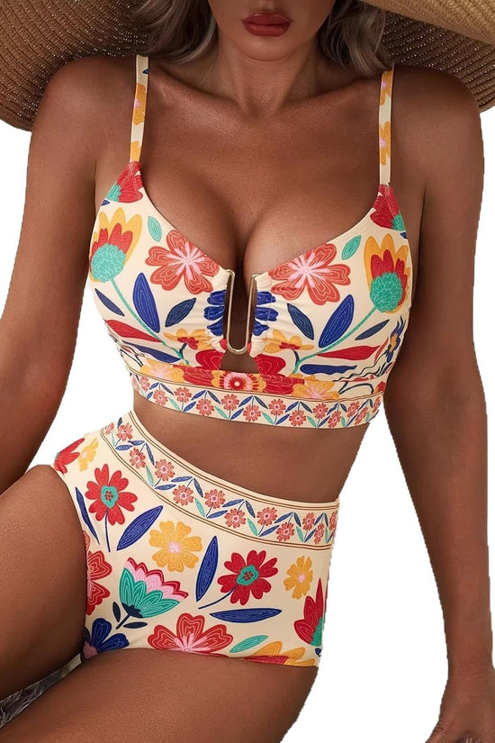 Floral Print High-Waisted U-Line Bikini Set Swimwear for Women 