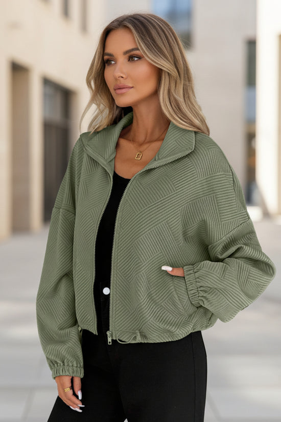 High neck zipper hem drawstring pocket women's loose jacket 