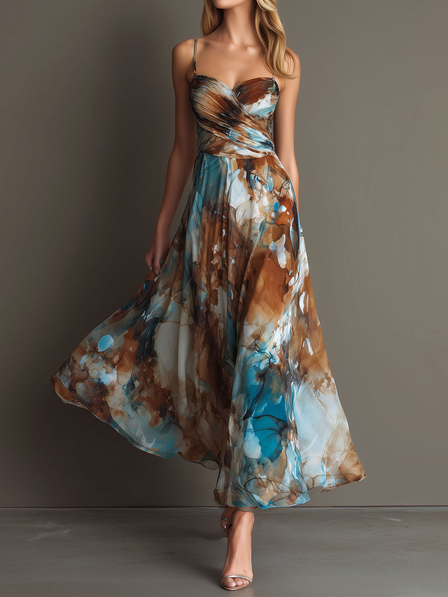 Fashionable Elegant Printed Dress with Sexy Straps, Waist-Cinching Flowy Beach Long Dress 