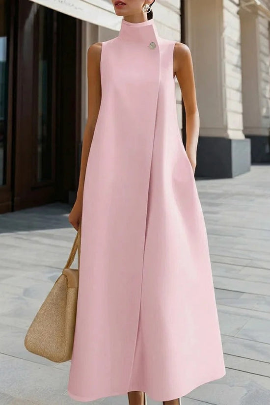 Elegant Sleeveless Long Dress with Stand Collar and Single Button Office Wear, Casual Fashion 