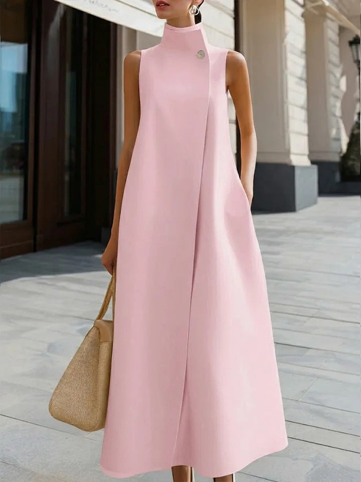 Elegant Sleeveless Long Dress with Stand Collar and Single Button Office Wear, Casual Fashion 