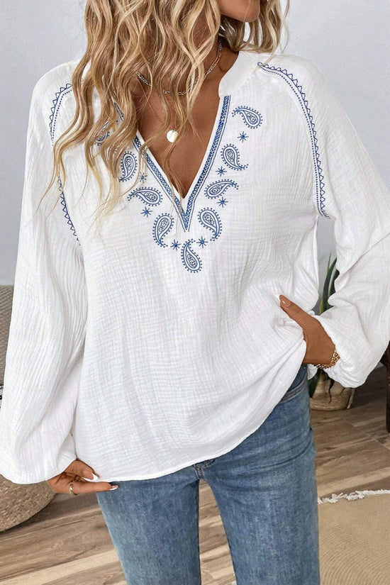 Ethnic Style Fashion Design V-Neck Embroidered Pure Cotton Top for Women 