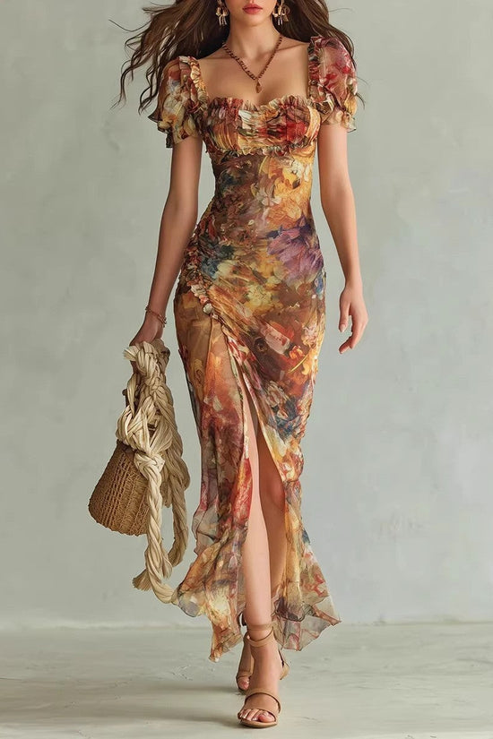 V-neck waist cinched ruffle edge dress 