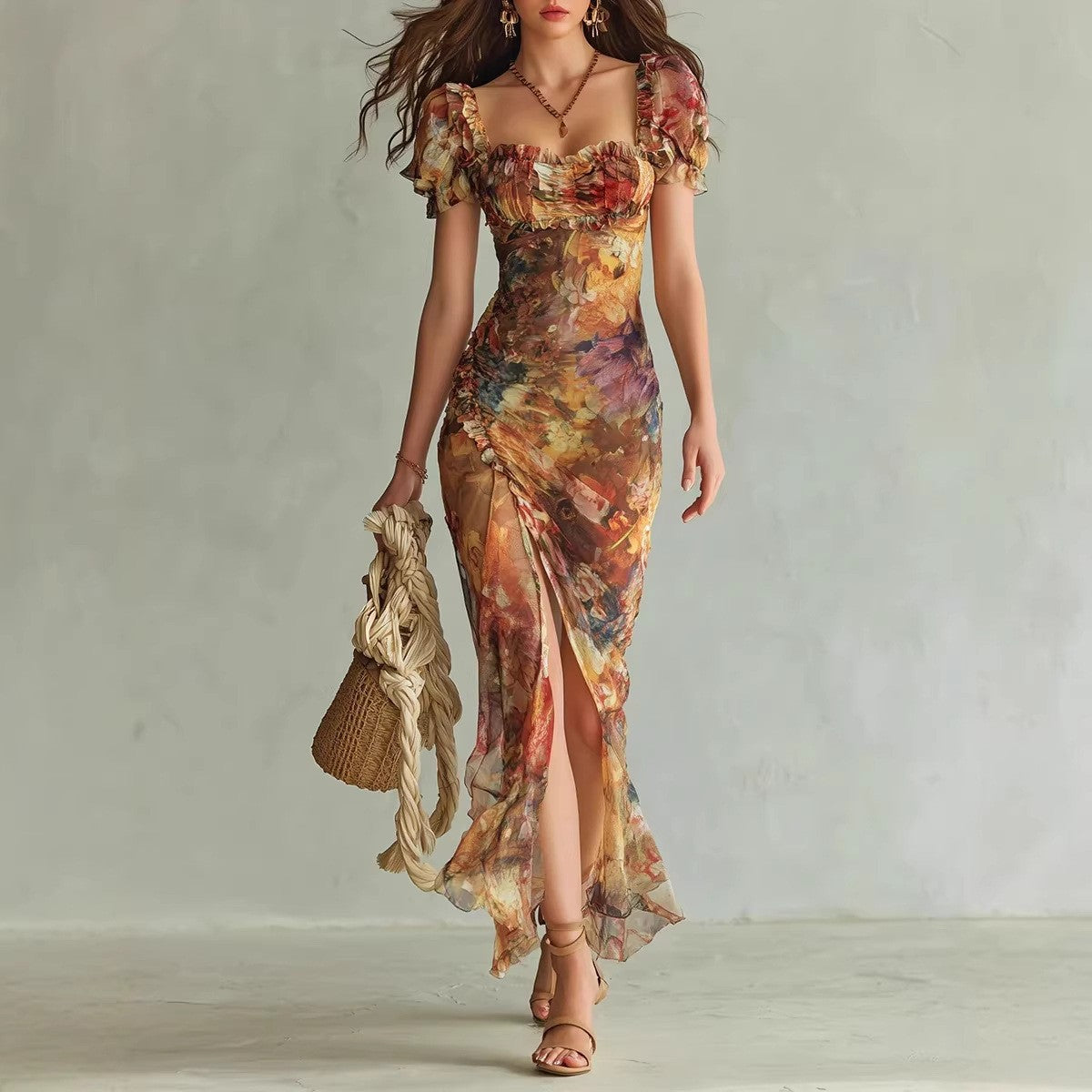 V-neck waist cinched ruffle edge dress 