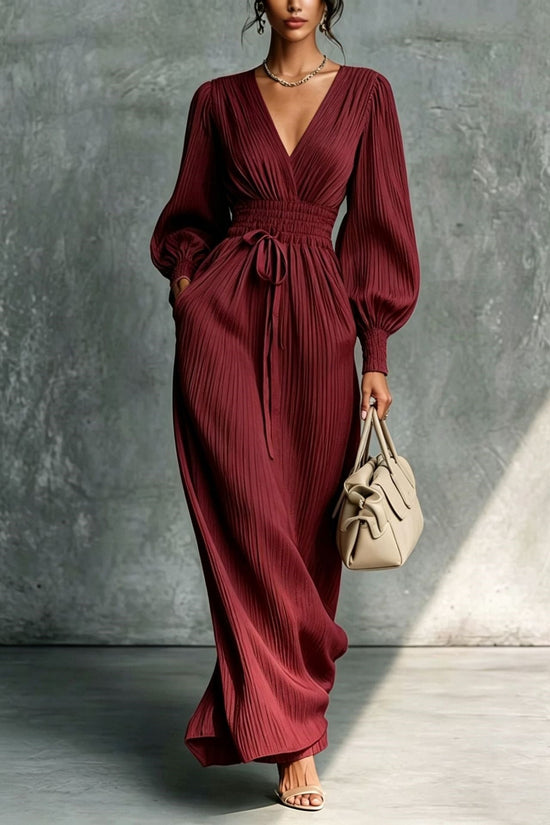 Solid color casual waist cinched long sleeved dress 