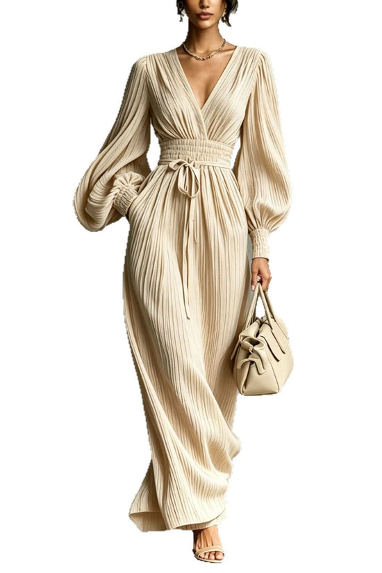 Solid color casual waist cinched long sleeved dress 