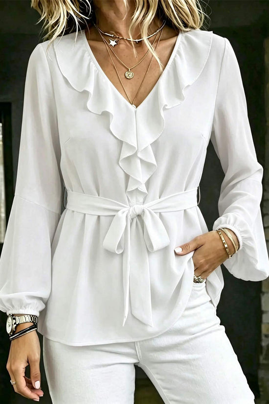 Elegant Women's V-Neck Ruffle Blouse with Tie Waist, Lantern Sleeves Long Sleeve Top 