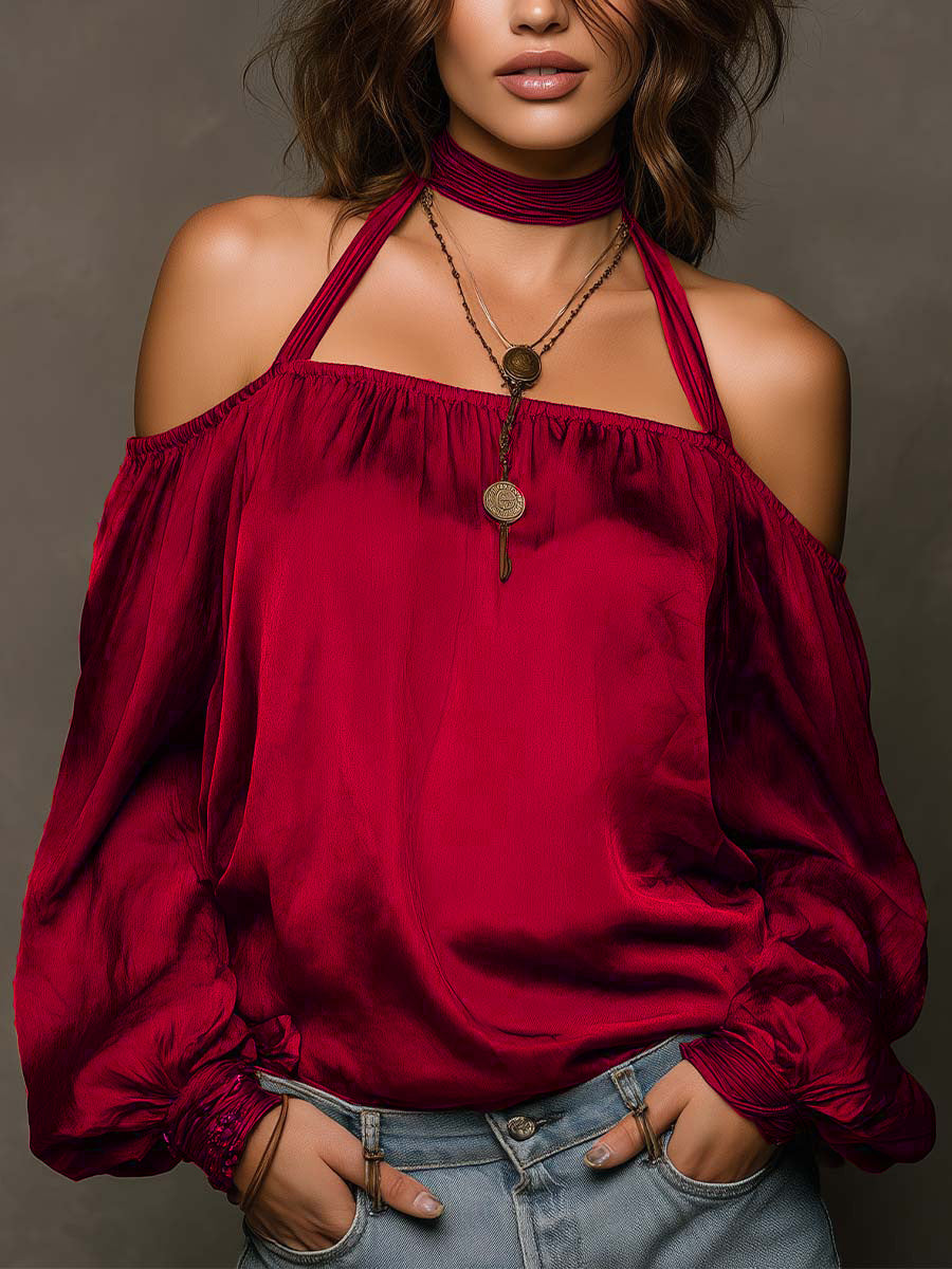 Chic Shoulder-Baring Matte Satin Blouse for Women Fashion Top 