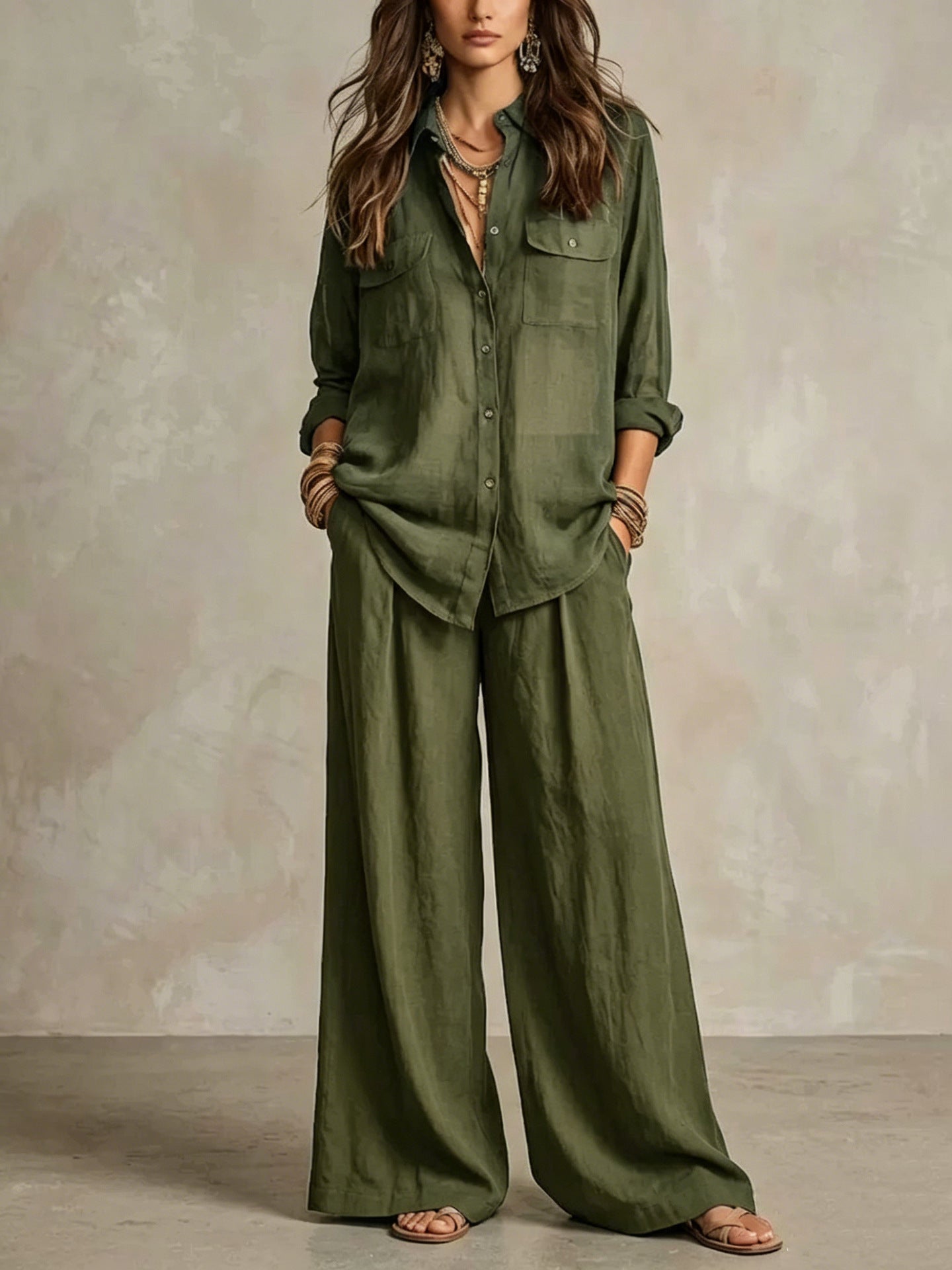 Chic Linen Set for Women, Breathable Lightweight Long Sleeve Shirt with Drapey Wide-Leg Pants, Vacation Style Casual Outfit 