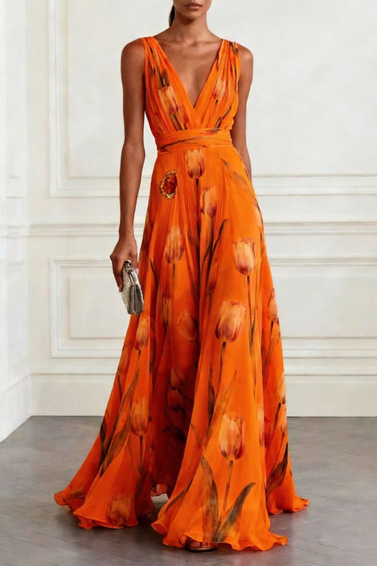 Tulip Print Evening Dress for Women Sleeveless V-Neck Long Dress 