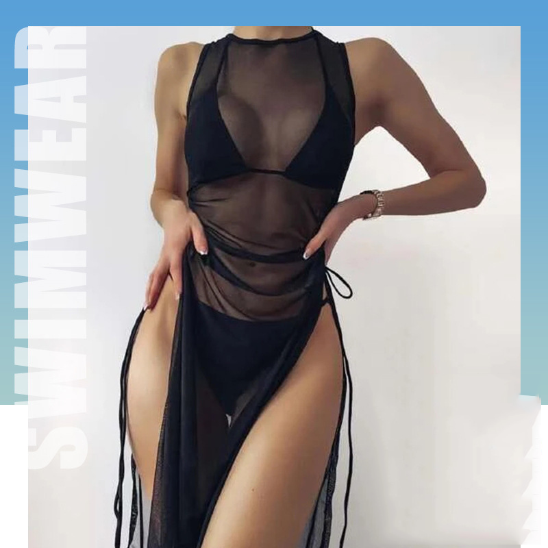 Bikini Swimwear Set, Solid Color Long Dress, Sexy Three-Piece Separated Swimsuit for Women 