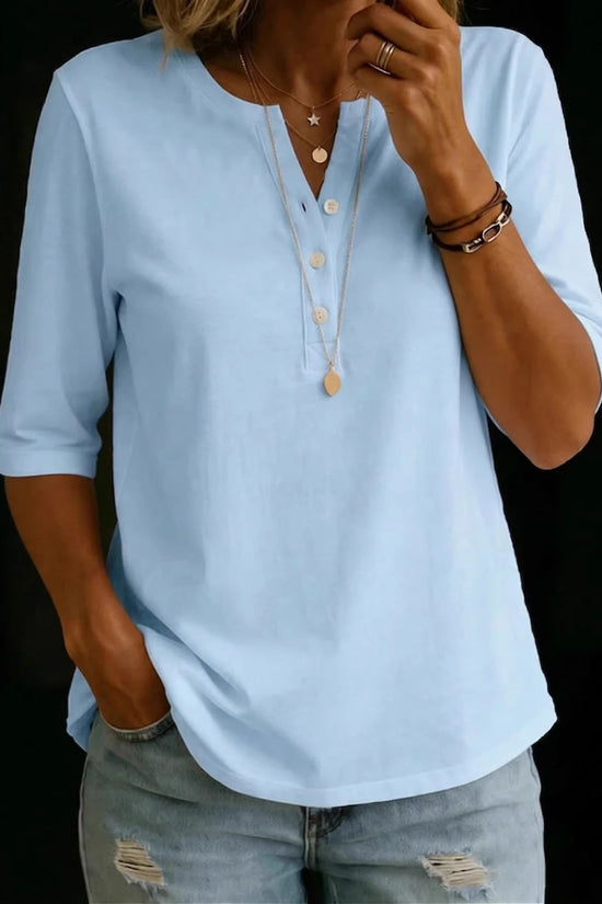 Classic Henley Neck Style Spring Summer New Women's Solid Color Button-Up Top 