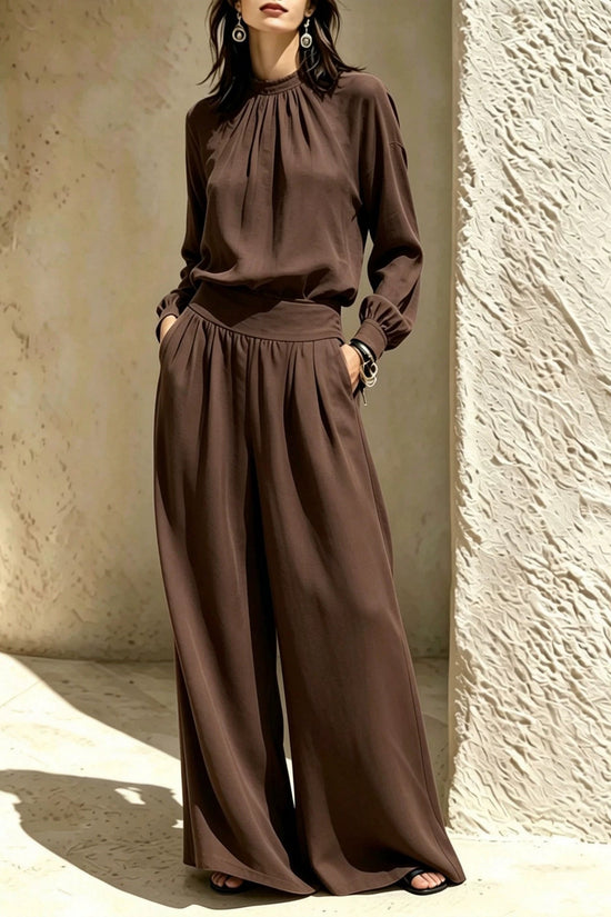 Casual Solid Color Long Sleeve Stand-up Collar Loose Fit Women's Fashion Set BlouseWide-leg Pants 